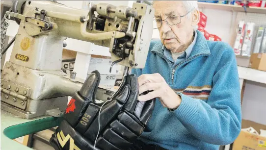  ?? WAYNE CUDDINGTON ?? Bob Kelly fixes some worn-out hockey gloves out of his shop, BK Sports Repair, on Belfast Road, a service he’s been offering for decades.