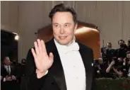  ?? PHOTO BY EVAN AGOSTINI/INVISION/AP ?? Elon Musk attends The Metropolit­an Museum of Art’s Costume Institute benefit gala on May 2 in New York.