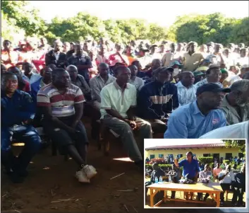  ??  ?? Tsvingwe villagers turned up in their hundreds to last Saturday's meeting on claims that diamonds had been discovered in the area. Inset: Member of the House of Assembly for Mutasa South Cde Zindi addresses the crowd. Pictures by Ray Bande.