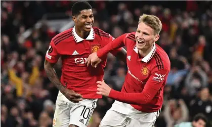  ?? Photograph: Oli Scarff/AFP/Getty Images ?? Scott McTominay celebrates scoring the winner against Omonia Nicosia with Marcus Rashford, who is United’s top scorer this season.