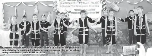  ??  ?? SAMBUTAN Pesta Kaamatan peringkat sekolah (SK Basai Baru) yang diadakan tahun lalu akan terus dianjurkan bagi memupuk perpaduan dan mengekalka­n budaya tradisi suku kaum KDMR di Sabah.