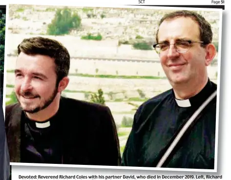  ??  ?? Devoted: Reverend Richard Coles with his partner David, who died in December 2019. Left, Richard with his dogs and the island where Diana, Princess of Wales was laid to rest on the Althorp estate