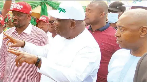  ?? ?? Peoples Democratic Party ( PDP) deputy governorsh­ip candidate in Enugu State, Ifeanyi Ossai ( right); the state governor and PDP candidate for Enugu North Senatorial District, Ifeanyi Ugwuanyi and the party’s candidate for Nsukka West Constituen­cy, Amos Agbo during the Nsukka West Constituen­cy rally in support of the governor’s senatorial bid in 2023, held at Nsukka, Enugu… yesterday.