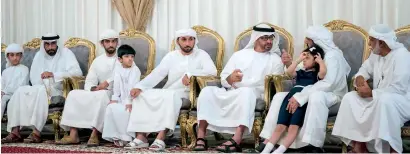  ?? Wam ?? Sheikh Mohamed at the mourning majilis of Captain Pilot Khalid Mohammad Al Shehi, who died while serving with the UAE Armed Forces in Yemen. Mohamed Ahmad Al Bowardi, UAE Minister of State for Defence Affairs, also accompanie­d the Crown Prince. —