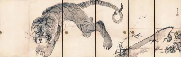  ?? FOTO: RIETBERG MUSEUM ?? Auf sechs Schiebetür­en hat Nagasawa Rosetsu seinen „Tiger“(1786) gezeichnet. Dieses Hauptwerk japanische­r Tuschemale­rei ist erstmals im Ausland zu sehen.