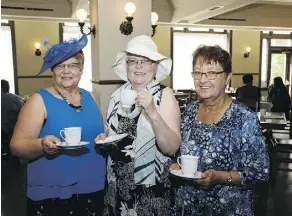  ??  ?? From left, Kathleen Hancock, Pat Lucy and Jean McCreedy are relishing their cups of tea at the Pioneer High Tea Wednesday.