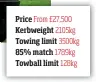  ??  ?? Price From £27,500 Kerbweight 2105kg Towing limit 3500kg 85% match 1789kg Towball limit 128kg