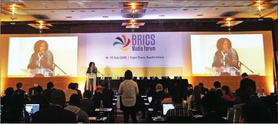  ?? Picture: Courtney Africa/African News Agency (ANA) ?? CO-OPERATION: Minister of Communicat­ions Nomvula Mokonyane delivered the keynote address at the BRICS Media Forum at the Westin Hotel ballroom centre.