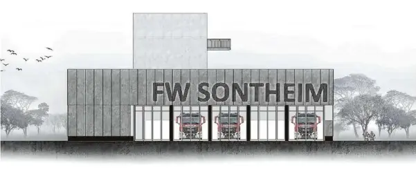  ?? Entwurf: Maslowski Architekte­n ?? Blick von Süden auf das geplante Sontheimer Feuerwehrh­aus. Für die Fahrzeuge werden fünf Boxen gebaut.