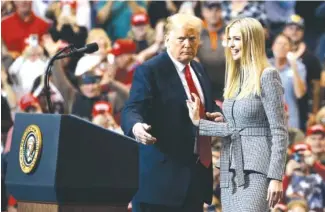  ?? AP PHOTO/CAROLYN KASTER ?? President Donald Trump greets his daughter, Ivanka Trump, as she arrives to speak Monday during a rally at the IX Center in Cleveland, Ohio. The Chinese government granted 18 trademarks to companies linked to President Trump and Ivanka Trump over the past two months, Chinese public records show, raising concerns about conflicts of interest in the White House on the eve of a national election.