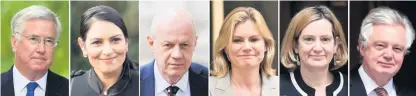  ??  ?? > Former cabinet members, from left, Sir Michael Fallon, Priti Patel, Damian Green, Justine Greening, Amber Rudd, David Davis and main picture, Boris Johnson