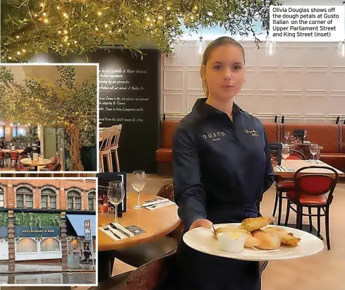  ?? ?? Olivia Douglas shows off the dough petals at Gusto Italian on the corner of Upper Parliament Street and King Street (inset)