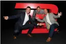  ??  ?? TB12 co-founder Tom Brady, TB12 cofounder Alex Guerrero, and TB12 CEO John Burns celebrate the grand opening of TB12 Performanc­e & Recovery Center in Boston in September 2019. Photograph: Kevin Mazur/ Getty Images for TB12