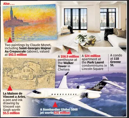  ??  ?? Also . . . Two paintings by Claude Monet, including Saint-Georges Majeur Au Crepuscule (above), valued at $92.5 million La Maison de Vincent a Arles, a pen and ink drawing by Vincent van Gogh worth $5.5 million A $50.9 million penthouse at the...