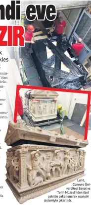  ??  ?? Lahit, Cenevre Üniversite­si Sanat ve Tarih Müzesi’nden özel şekilde paketlener­ek asansör sistemiyle çıkartıldı.