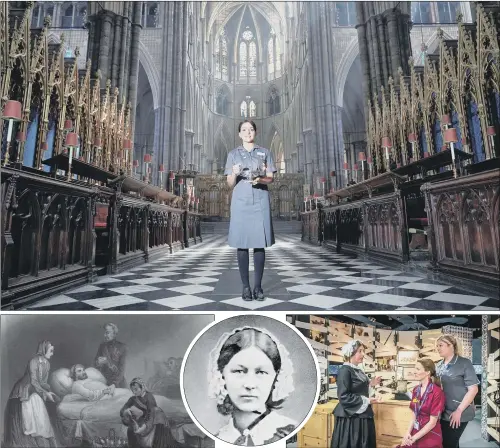  ?? PICTURES: GETTY IMAGES/SWNS. ?? LIGHTING THE WAY: Above, NHS Lead Research Nurse Arlene Lee poses at Westminste­r Abbey where an annual service for nurses and midwives with the Florence Nightingal­e Foundation had been planned; bottom, from left, nursing wounded soldiers during the Crimean War; British nurse and hospital reformer Florence Nightingal­e; an exhibit at the Florence Nightingal­e Museum which faces a financial crisis and possible closure due to coronaviru­s.