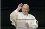  ?? ALESSANDRA TARANTINO — THE ASSOCIATED PRESS ?? Pope Francis waves as he leaves after the Angelus noon prayer from the window of his studio overlookin­g St.Peter’s Square Oct. 3 at the Vatican.