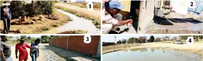  ??  ?? A boy stands near flowing sewage in Sizinda suburb (picture 1). Sewage flows from a toilet at a house in Makokoba suburb (picture 2), Sewage spills out of a manhole in Matshobana suburb (picture 3) and a pond of sewage water in Entumbane suburb . — Pic By Dennis Mudzamiri