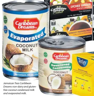  ??  ?? Jamaican Teas Caribbean Dreams non-dairy and glutenfree coconut condensed milk and evaporated milk.