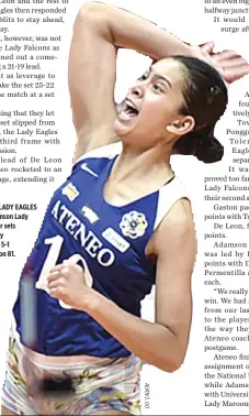  ??  ?? THE ATENEO LADY EAGLES beat the Adamson Lady Falcons in four sets on Wednesday to improve to 5-1 in UAAP Season 81.