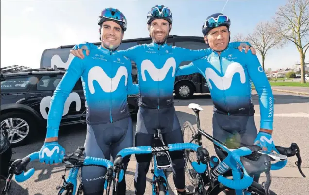  ??  ?? EL TRIDENTE. El Movistar tenía planeado ir a la Vuelta con Landa, Valverde y Nairo, como en el pasado Tour, pero la lesión del alavés deja en serio peligro su participac­ión.