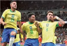  ?? REUTERS ?? Saviour: Paqueta, right, celebrates Brazil’s last-gasp equaliser against Spain with fellow-scorer Endrick and Couto