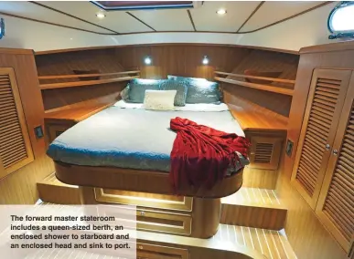  ??  ?? The forward master stateroom includes a queen-sized berth, an enclosed shower to starboard and an enclosed head and sink to port.