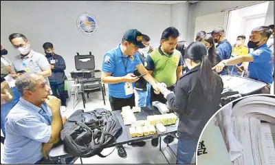  ?? ?? Kemal Ozenir looks on as anti-narcotics officers take an inventory of the P28.85 million worth of cocaine found in his luggage upon his arrival at the Ninoy Aquino Internatio­nal Airport on Tuesday night. Right photo shows an unnamed Korean who was caught with $167,300 hidden in a book (inset) in his luggage upon arriving at the airport on March 17.