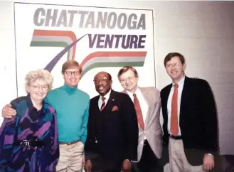  ??  ?? Chattanoog­a Venture leaders pose for a picture in front of a Venture sign in 1986. From left are Mai Bell Hurley, Rick Montague, the Rev. Robert Keesee, Jim Hassinger and Ron Littlefiel­d.