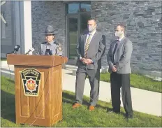  ?? ALEX ROSE - MEDIANEWS GROUP ?? From left, State Trooper Jessica Tobin, Cpl. Matthew
Sheeran and Trooper Joseph Metzinger speak to the press on Tuesday.