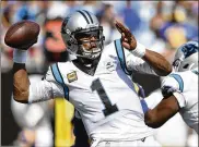  ?? MIKE MCCARN / AP 2019 ?? The New England Patriots have reached an agreement with free-agent quarterbac­k Cam Newton, bringing in the 2015 NFL Most Valuable Player to help the team move on from three-time MVP Tom Brady.