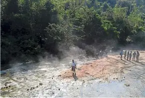  ??  ?? Following the trail: Newsmen and environmen­talists observing tyre tracks made by poachers at a hot spring in Ulu Muda Forest Reserve.