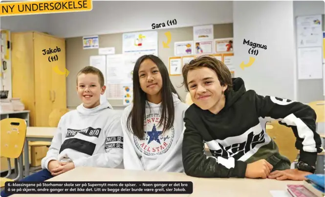  ??  ?? Jakob (11) Sara (11) 6.-klassingen­e på Storhamar skole ser på Supernytt mens de spiser. – Noen ganger er det bra å se på skjerm, andre ganger er det ikke det. Litt av begge deler burde vaere greit, sier Jakob. Magnus (11)