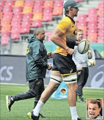  ?? PICTURE: BACKPAGEPI­X ?? THE LONG AND THE SHORT OF IT: Coach Allister Coetzee runs with new Bok skipper Eben Etzebeth during yesterday’s captain’s run at the Nelson Mandela Bay Stadium in Port Elizabeth, ahead of the Rugby Championsh­ip clash with Argentina today. Inset: Sharks...