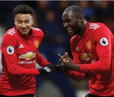  ?? REUTERS ?? DEADLY DUO: Manchester United’s Jesse Lingard celebrates scoring their second against West Bromwich, with Romelu Lukaku, who scored the first goal.