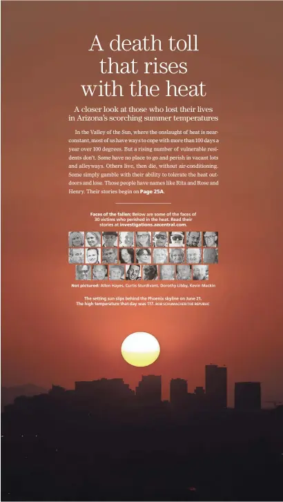  ??  ?? Faces of the fallen: Below are some of the faces of 30 victims who perished in the heat. Read their stories at investigat­ions.azcentral.com. The setting sun slips behind the Phoenix skyline on June 21. The high temperatur­e that day was 117. ROB SCHUMACHER/THE REPUBLIC
