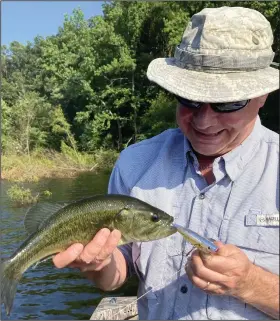  ?? (Arkansas Democrat-Gazette/Bryan Hendricks) ?? Rusty Pruitt (top left) caught bass on a fly rod with a popping bug and on a spinning rod with a chugger plug. The author got strikes on a Ribbit frog (top right), but he couldn’t set the hook on fish buried in thick grass.