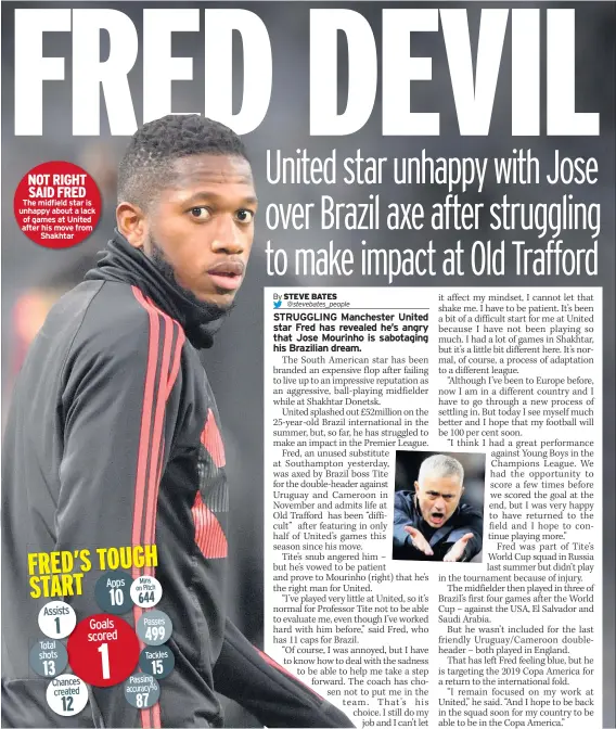  ??  ?? NOT RIGHT SAID FRED The midfield star is unhappy about a lack of games at United after his move fromShakht­ar