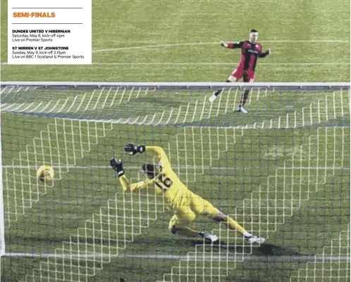  ??  ?? 0 Kyle Mcallister scores the winning penalty for St Mirren in their dramatic shoot-out victory over Kilmarnock at Rugby Park