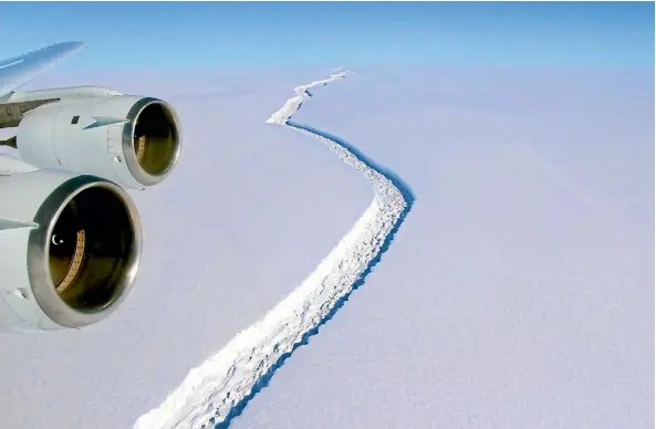  ?? PHOTO: NASA/WASHINGTON POST ?? The crack in the Larsen C ice shelf was already big when Nasa photograph­ed it in November, but it has grown by another 18km since then. The emerging ‘‘ice island’’ makes up 10 per cent of the shelf’s volume, and is expected to break away soon.