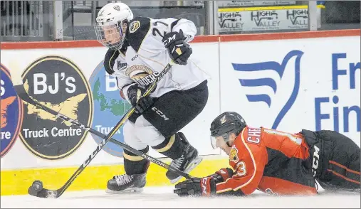  ?? JASON MALLOY/THE GUARDIAN ?? Charlottet­own Islanders right-winger Derek Gentile takes the puck up ice past a diving Baie-Comeau Drakkar left-winger Ivan Chekhovich Monday at the Eastlink Centre.