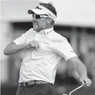  ??  ?? Ian Poulter reacts to making a birdie on the 18th hole to force a playoff with Beau Hossler during the final round of the Houston Open on Sunday.