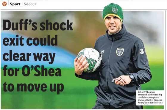  ?? SPORTSFILE ?? John O’Shea has emerged as the leading candidate to replace Damien Duff in Stephen Kenny’s set-up