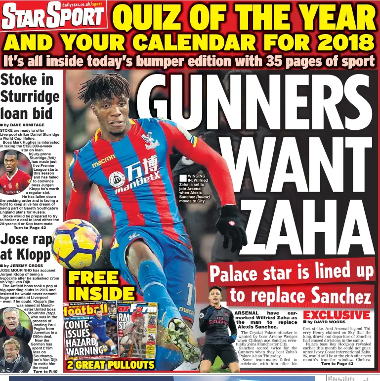  ??  ?? WINGING IN: Wilfried Zaha is set to join Arsenal when Alexis Sanchez (below) moves to City
