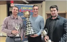  ?? SUBMITTED PHOTO ?? Among the Peterborou­gh Lakers honoured at the awards banquet on Saturday were, from left, captain Robert Hope (most dedicated), Brock Sorensen (top defenceman) and Doug Buchan (rookie of the year).