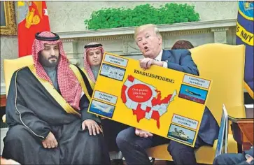  ?? Kevin Dietsch Pool Photo ?? SAUDI CROWN PRINCE Mohammed bin Salman, left, joins President Trump in the Oval Office as they promote long-stalled military hardware deals. In a private meeting, they also discussed the Iran nuclear pact.