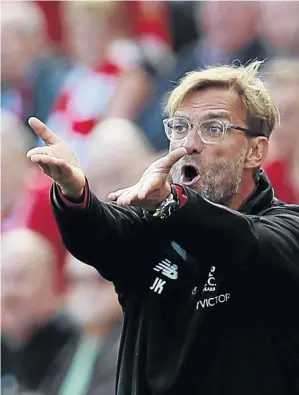  ?? / JASON CAIRNDUFF / REUTERS ?? Liverpool coach Juergen Klopp gestures during the game against Palace on Saturday. He faces Hoffenheim tonight.