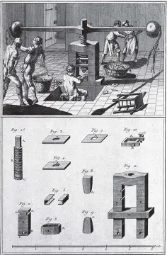  ??  ?? Interior view and components of a coin press; etching from Diderot’s Encycloped­ia by Robert Bénard after Jacques-Raymond Lucotte, eighteenth century