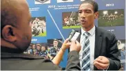  ??  ?? UNCERTAIN FUTURE: Ashwin Willemse being interviewe­d in the SuperSport studio during the 2017 Super Rugby season