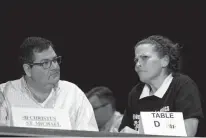  ?? Staff photo by Jerry Habraken ?? n Eric Caine, left, and Debra McWilliams with the CHRISTUS St. Michael Health System spelling bee team react to hearing the word “friable” during the first round of the 23rd annual Corporate Spelling Bee benefiting the Literacy Council of Bowie and...